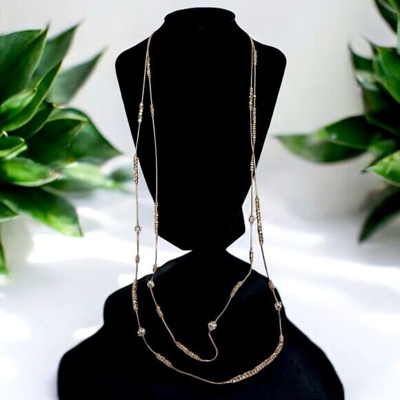 CHICO’S Vintage Double Strand Gold Tone Rhinestone Beaded Necklace - Picture 1 of 7